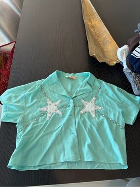 Anthropologie x CELANDINE mermaid CROP LINEN BLEND BUTTONDOWN SHIRT worn once